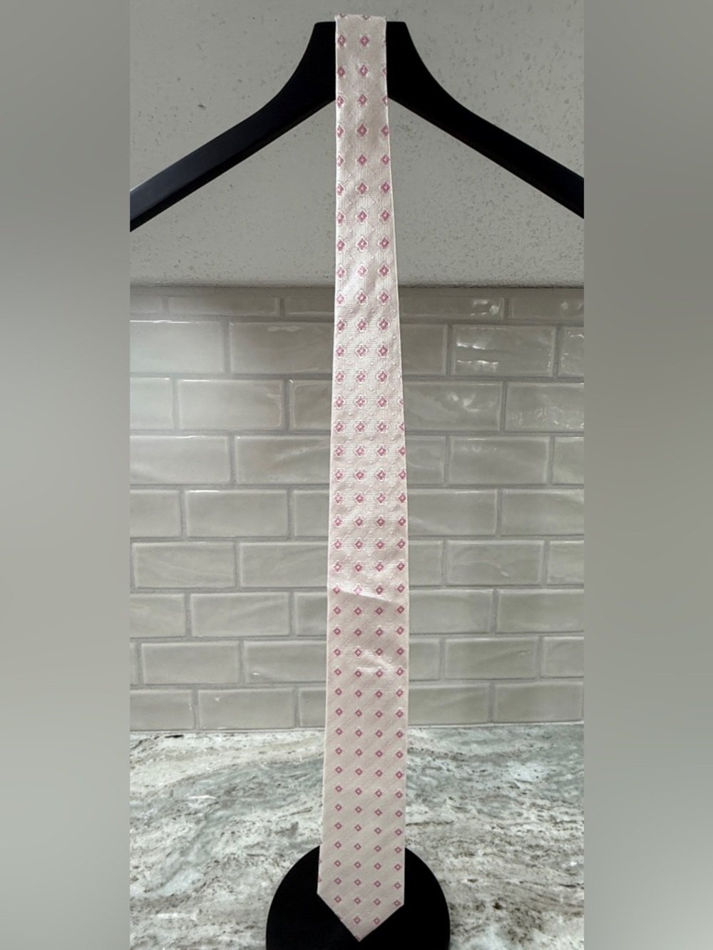 Bruno Marchesi Pink White Geometric Silk Tie Designer Men’s Necktie